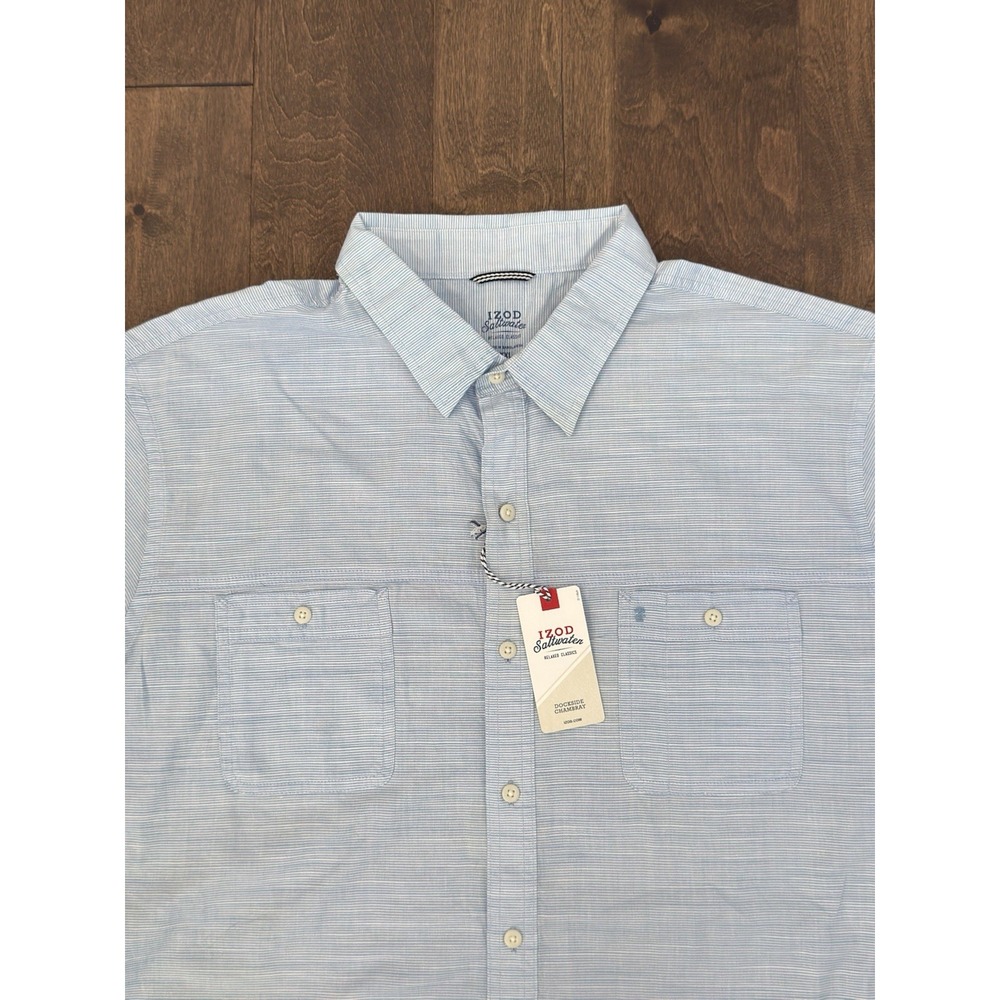 NWT Izod Saltwater Mens 2XL Dockside Chambray Blue Striped Relaxed Classic Shirt